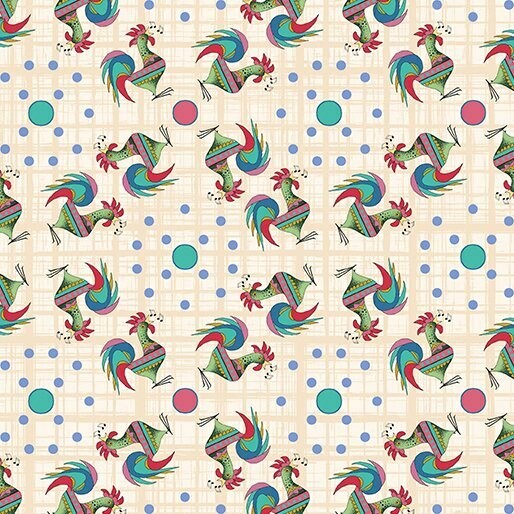 Patchworkstoff "Lizzy Albright and the Attic Window", singende Hähne, creme, 19,50 €/m