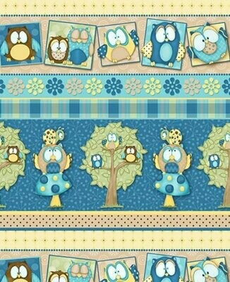 Patchworkstoff Patchworkstoff "Whoo Mee? Border", Eulen-Bordüre mit Bäumen, blau, Henry Glass, 17,00 €/m
