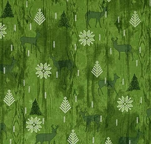 17,50/m, "Cozy Cabin", Rentiere, Eiskristalle, Holzoptik, Tannenbäume, Sterne, Weihnachten, Patchworkstoff, Baumwollstoff, grün