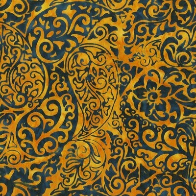19,50/m, "Anthology Batiks", "Scroll Navy", gelbe Scrolls und Swirls auf dunkelblauem Hintergrund