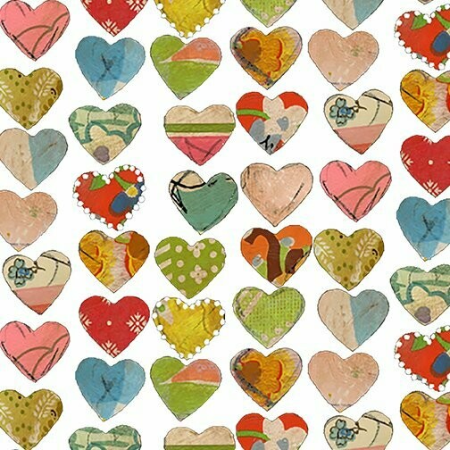 Patchworkstoff "Soul Shine & Daydreams Hearts", bunte Herzen, weiß, 16,00 €/m