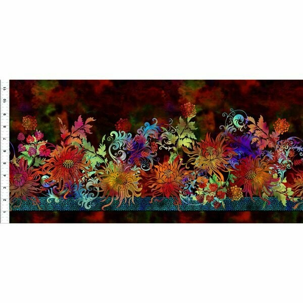 Patchworkstoff "Border Multi", Bordüre mit Blumen in multicolor-schwarz, Jason Yenter, 19,00/m