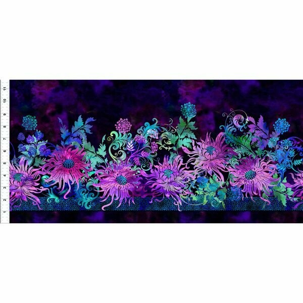 Patchworkstoff "Border Purple", Bordüre mit Blumen in violett-türkis-schwarz, Jason Yenter, 19,00/m