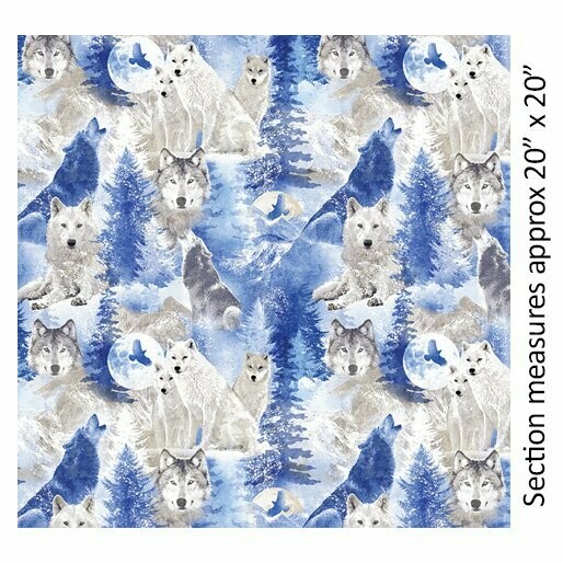 Patchworkstoff "Winter's Pearl Winter Wolves Ice Blue" mit Perlmut-Effekt, Wölfe, hellblau, 20,00 €/m*