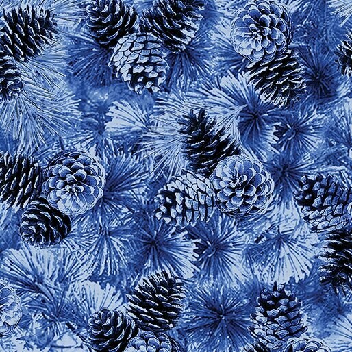 Patchworkstoff "Winter's Pearl Pine Cones Cobalt" mit Perlmut-Effekt, Tannenzapfen, dunkelblau, 16,00 €/m*