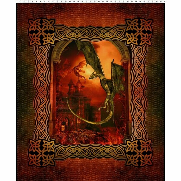 90-cm-Patchworkpanel "Dragons Large Castle Panel Multi", großer Drache, rot, 20,56 €/m*