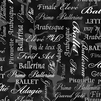 10,00/m, Pearl Ballet Words / Schrift auf schwarzem Stoff