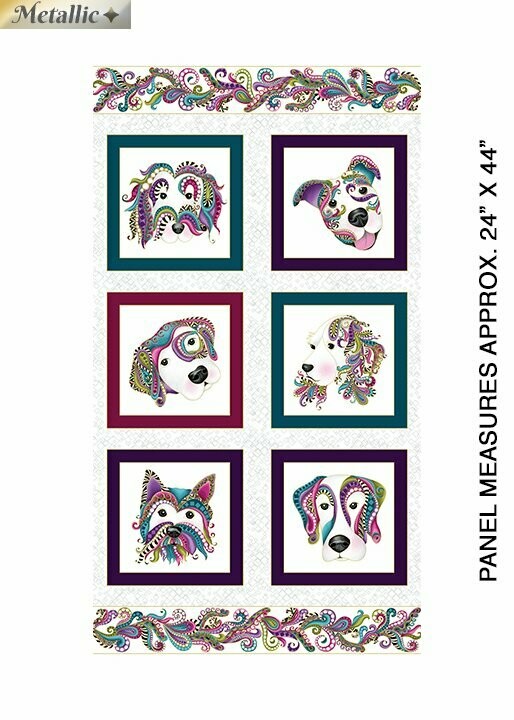 60-cm-Panel Patchworkstoff "Dog On It", Hunde mit Metallic-Effekt, weiß, 19,17 €/m*