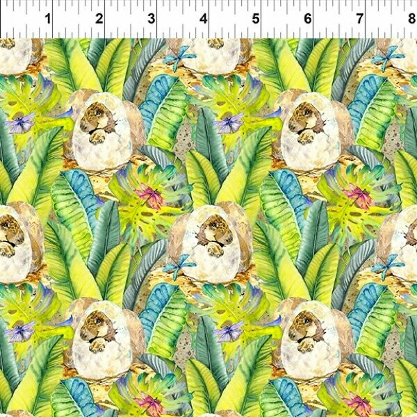 Patchworkstoff "Hatchlings Multi" mit Dinos im Ei, grün, Aquarell Design von Jason Yenter 14,00€/m