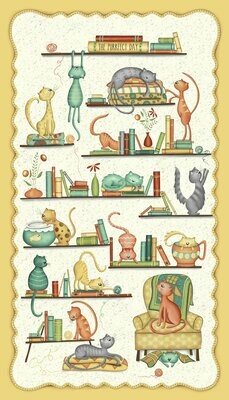 60-cm-Panel Patchworkstoff 60-cm-Panel Patchworkstoff "Purrfect Day", lustige Katzen mit Büchern & Pflanzen, hellbeige, 19,17 €/m*