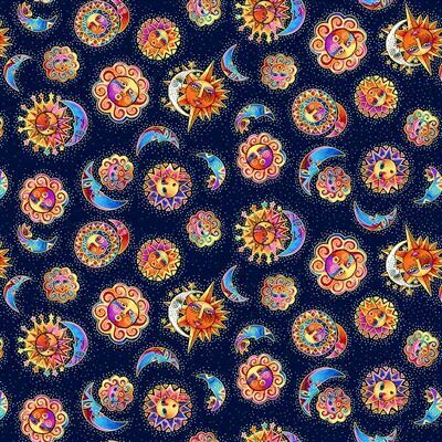 Patchworkstoff "Celestial Magic Suns Light", dunkelblau, Sonne, Mond, Sterne, Laurel Burch, 19,50 €/m