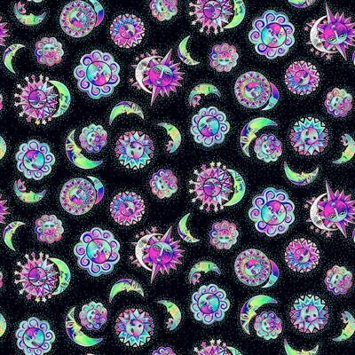 Patchworkstoff "Celestial Magic Suns Light", schwarz, Sonne, Mond, Sterne, Laurel Burch, 19,50 €/m