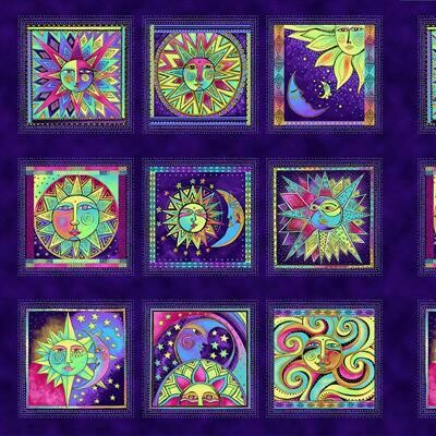 60-cm-Panel Patchworkstoff  "Celestial Magic Dark Purple" mit Metallic, dunkellila, Sonne, Mond & Sterne, Laurel Burch, 19,17 €/ m*
