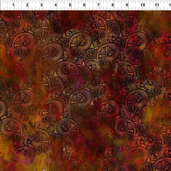 Patchworkstoff "Tapestry Paisley" mit Batikeffekt, Kringel und Pflanzen, rot-orange, Jason Yenter, 20,00 €/m