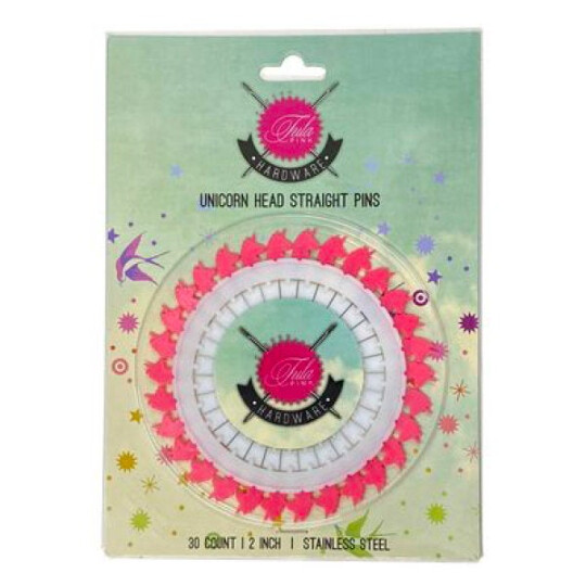 Tula Pink Hardware Stecknadeln, Einhörner, pink, 30 Stück, 2 inch, 0,55 mm Durchmesser, "Unicorn Head Straight Pins"