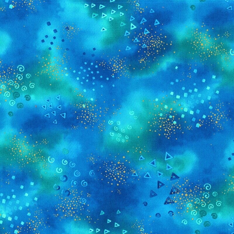 Laurel Burch Stoff, Metallicdruck, Punkte, Swirls, Sterne, Universum, Sternenhimmel, "Blue Geometric Glitter Metallic", Patchwork, 19,50/m*