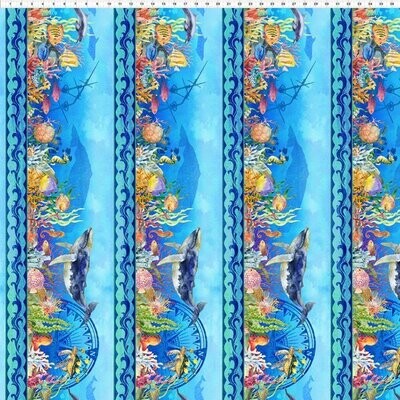 Patchworkstoff "Calypso I Border" mit Unterwasserwelt-Bordüre, Wale & Fische, blau, Jason Yenter, 19,80€/m*