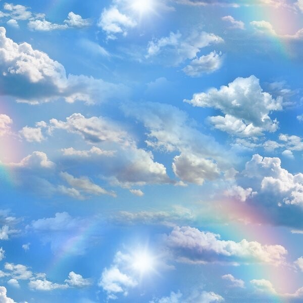 19,80/m, Stoff Himmel, Wolken, Regenbogen, "Bright Sky BLUE", hochwertiger  Designerstoff