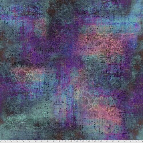 Patchworkstoff "Rue le Peltier - Patina" mit Patina-Effekt, Ornamente & Schrift, violett, Tim Holtz, 20,50/m