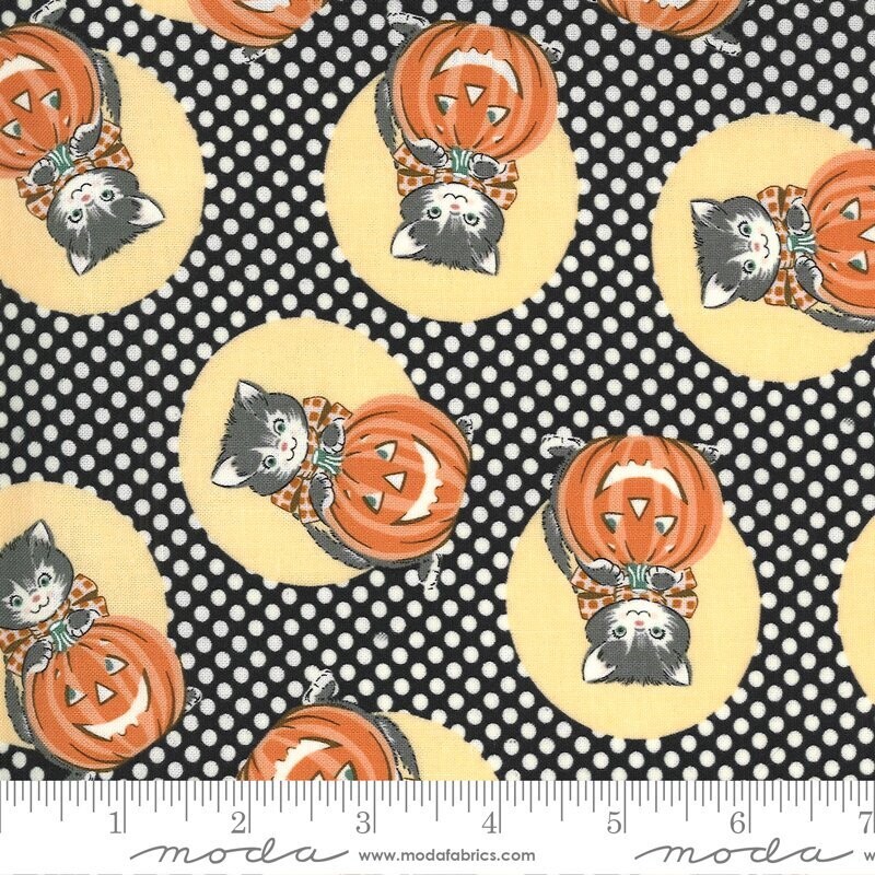 Patchworkstoff "Kitty Corn Goblin Midnight", Katzen & Kürbisse, schwarz-weiß gepunktet, Moda, 19,80 €/m*