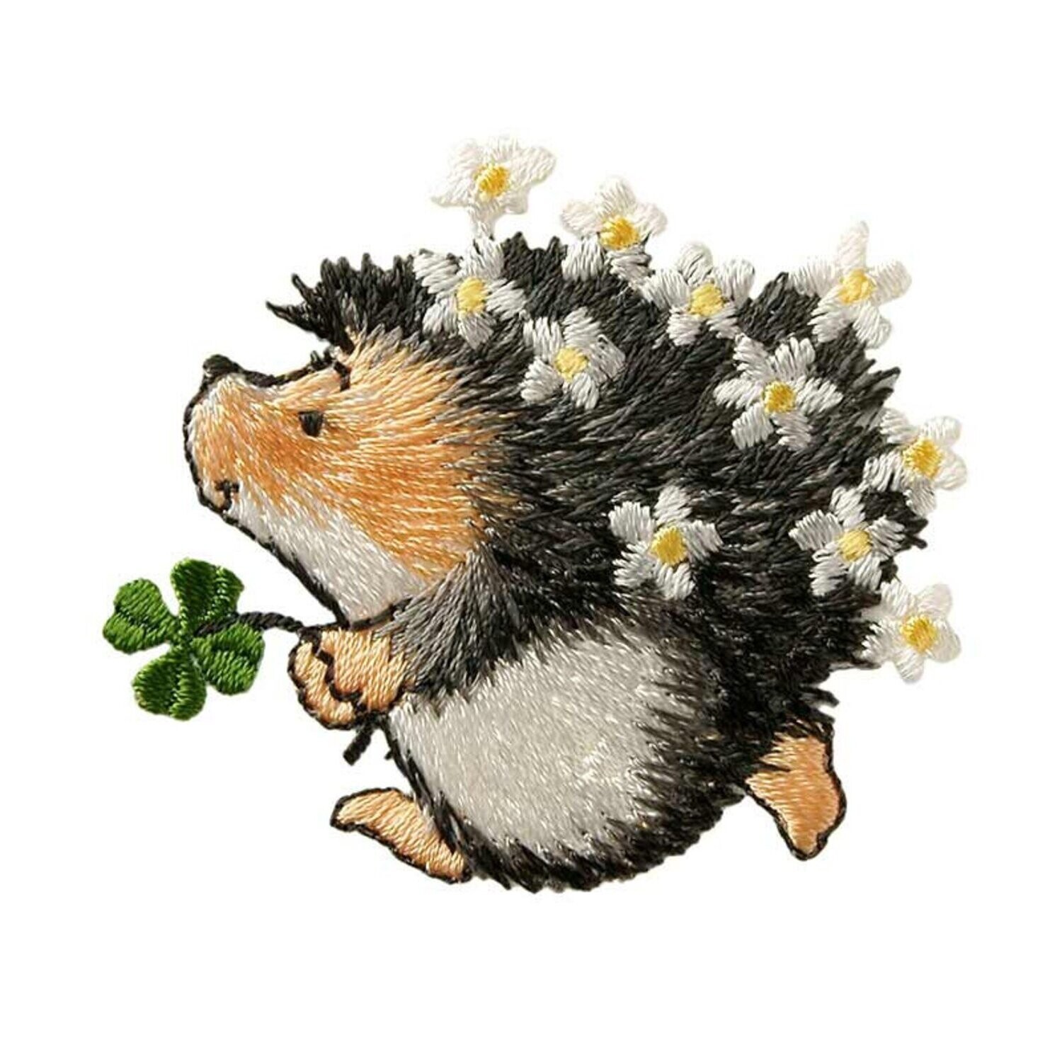 Kinder-Applikation "Igel" mit Blumen und Kleeblatt, dunkelgrau