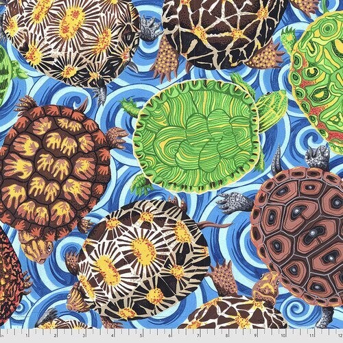 Patchworkstoff "Shelley Multi" mit Schildkröten in blau 19,00/m