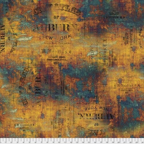 Patchworkstoff "Urban Grunge" mit Patina-Effekt, Schrift, blau, gelb, Tim Holtz, 20,50€/m