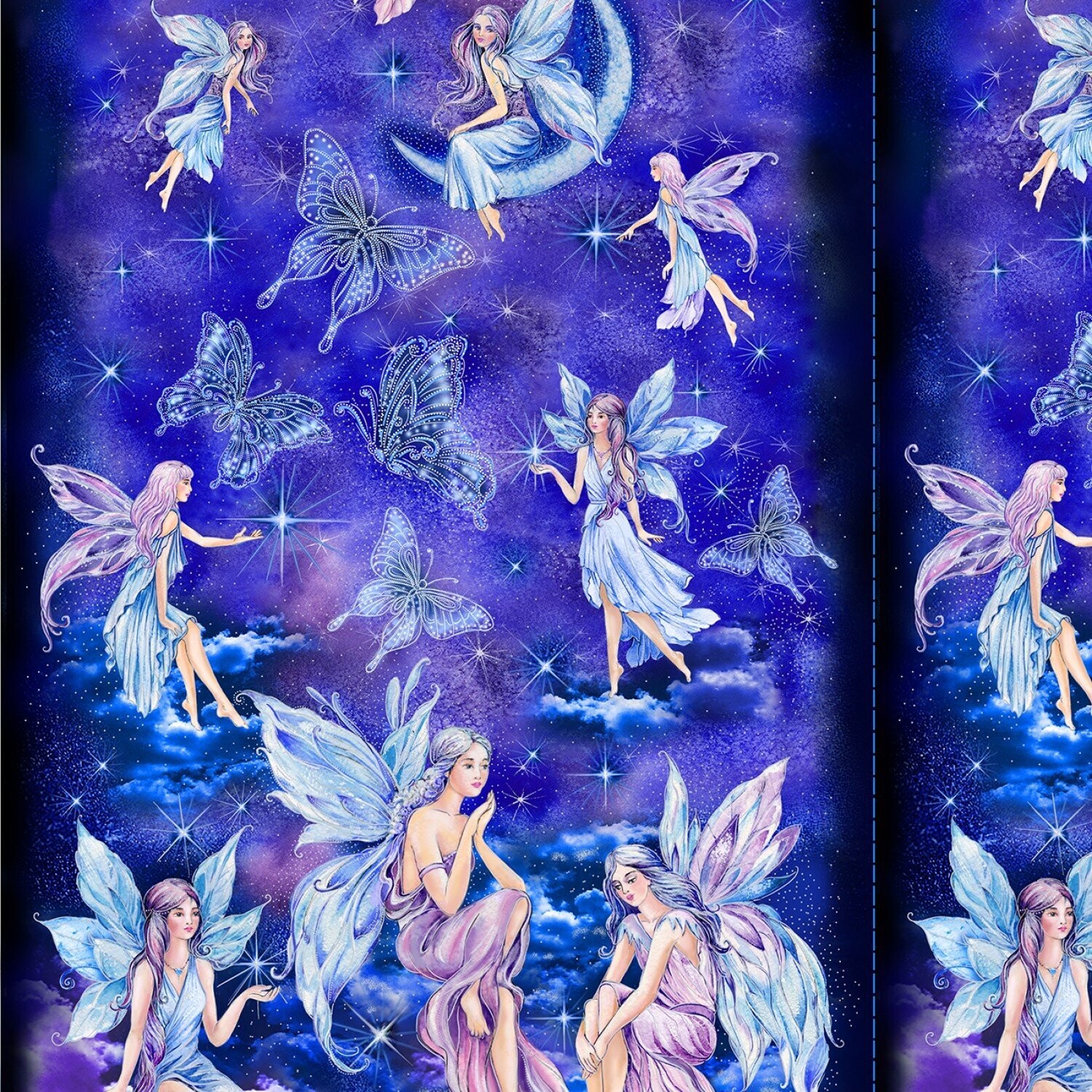 60cm Panel "Indigo Fairies Moons & Butterflies", Feen, blau-lila, 20,00 €/m