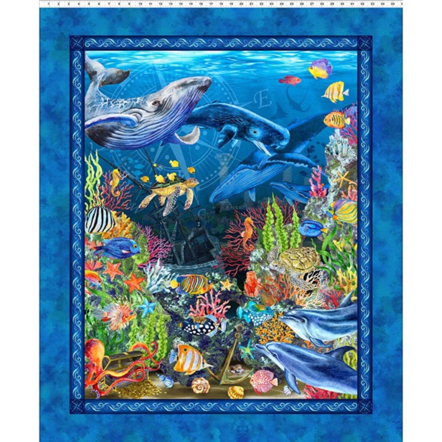 90-cm-Patchworkpanel "Calypso II Underwater", Unterwasserwelt mit Fischen, Walen, Korallen, multicolor, Jason Yenter, 21,66 €/m*