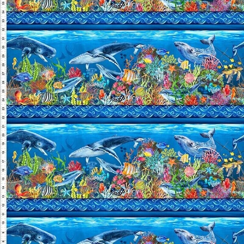 Bordüren-Patchworkstoff "Calypso II Seabed", Unterwasserwelt mit Fischen, Walen, Korallen, multicolor, Jason Yenter, 19,80 €/m*