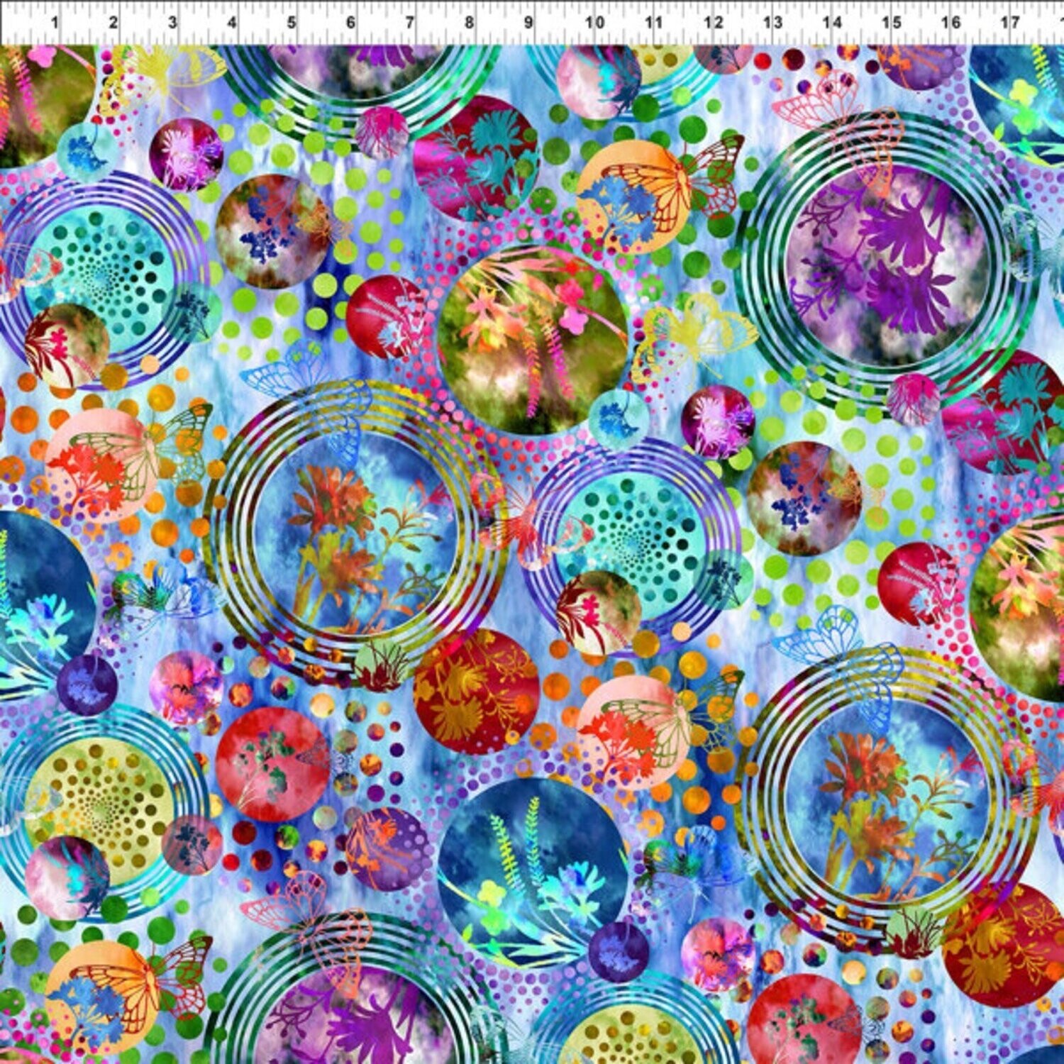 Patchworkstoff "Elysian Collage Multi" mit Batikeffekt, Schmetterlinge & Kugeln, multicolor, Jason Yenter, 14,00 €/m*