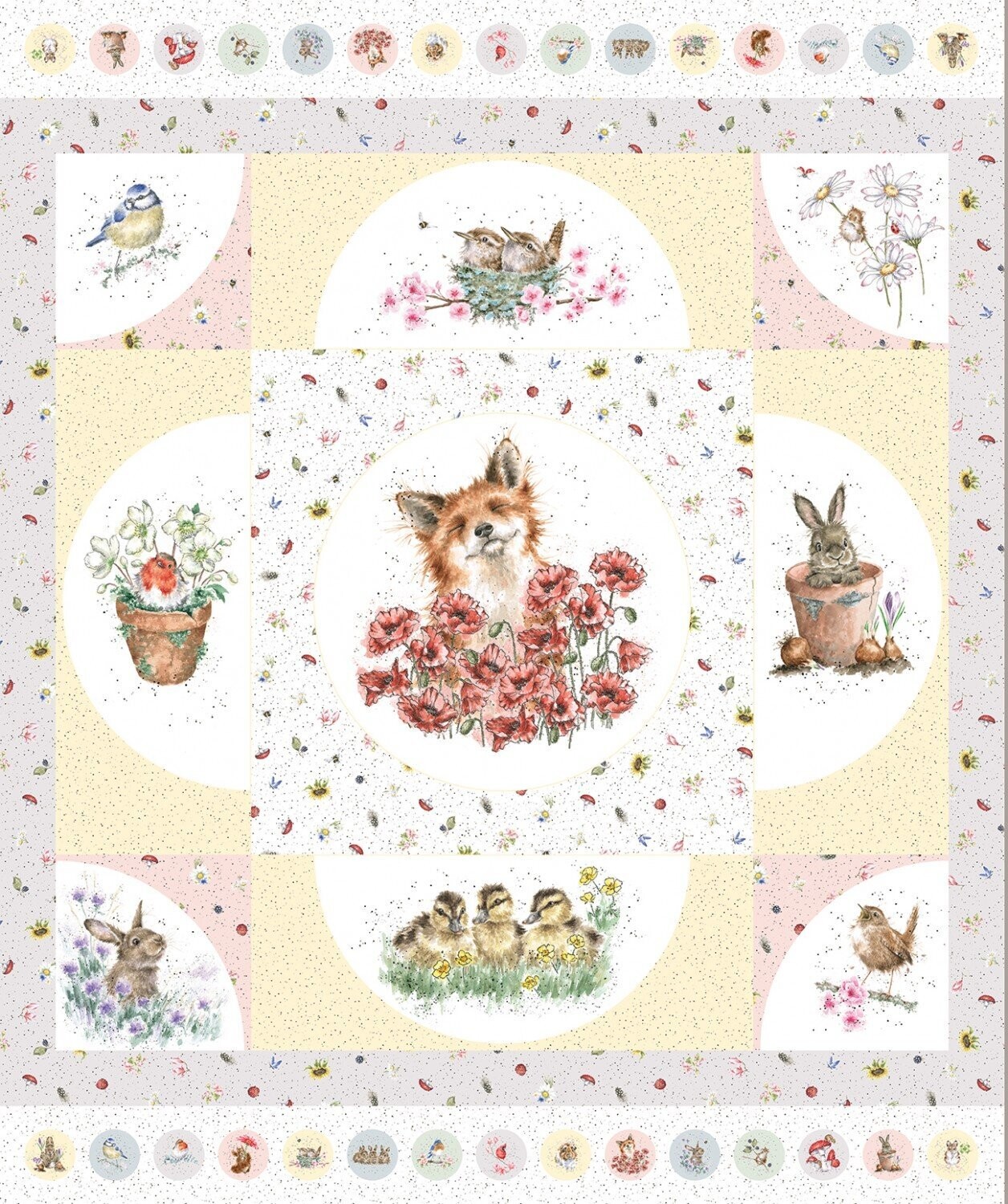 90-cm-Panel Patchworkstoff "Bramble Patch", Fuchs, Ente & Hase, hellgelb, 19,44 €/m*