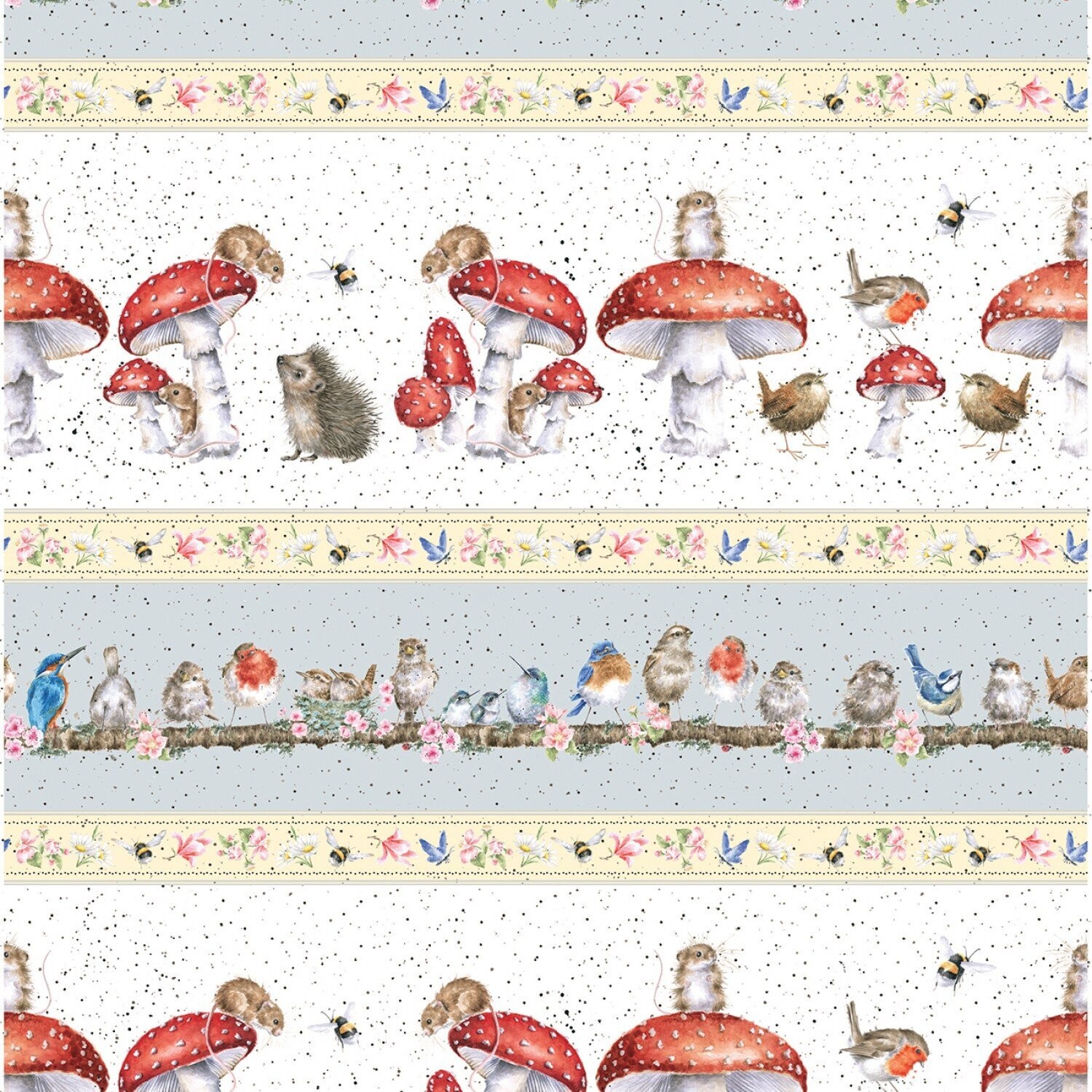 Bordüren-Patchworkstoff "Bramble Patch", Mäuse, Pilze & Vögel, hellgelb-hellgrau, 19,80 €/m*