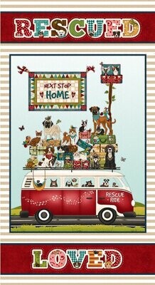 60-cm-Patchworkstoff "Rescued & Loved Banner Panel", Tiere im Auto, dunkelrot, 19,49 €/m