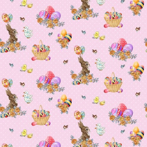 Patchworkstoff "Bunny and Basket", Hasen & Osterkörbe, rosa, 19,80 €/m