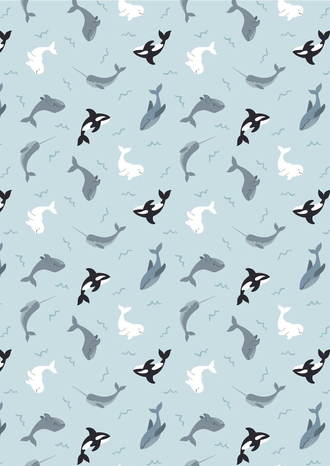 Patchworkstoff  "Whales on icy blue with pearl", Wale, Orkas & Delfine, eisblau mit Perlschimmer von Lewis & Irene, 19,80 €/m