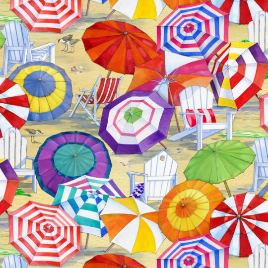 Patchworkstoff "Beach Vista", Sonnenschirme, Sand, Strand, Strandstühle, beige, 19,50 €/m