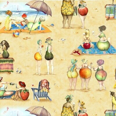 Patchworkstoff Patchworkstoff "Fruit Ladies", Obst-Frauen am Sandstrand, beige, 19,50 €/m*