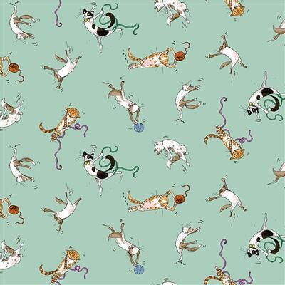 Patchworkstoff "Having A Ball!", lustige Katzen mit Wollknäulen, mint, hellbeige, 19,00 €/m*