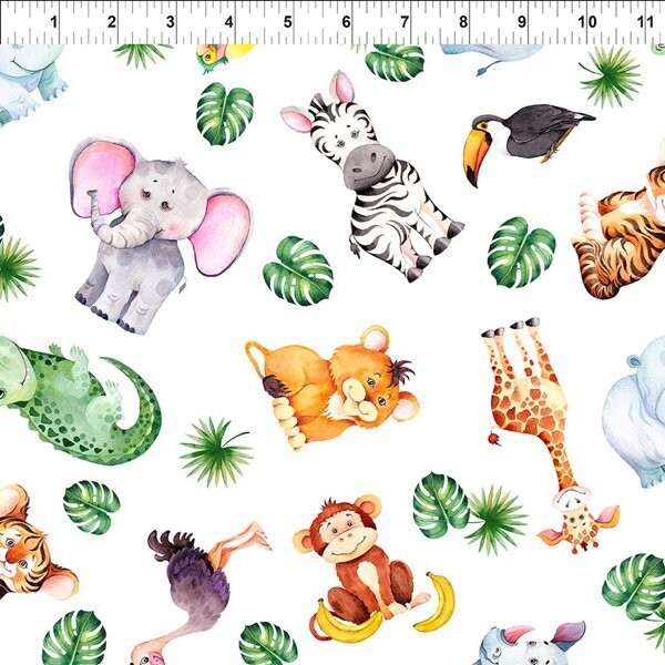 Patchworkstoff "Animals Multi", Jungle Friends, Tierkinder, Elefant, Affe & Löwe, weiß, 20,90 €/m