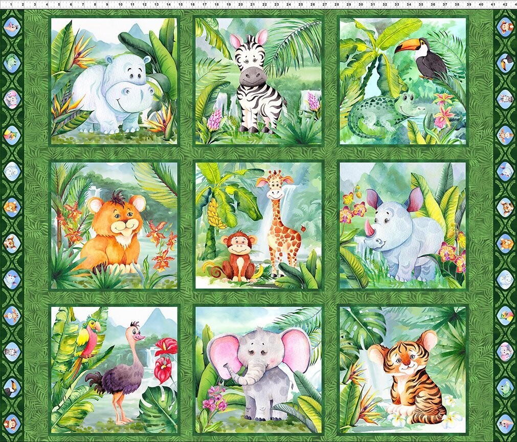 90-cm-Patchworkstoff Jungle Friends, "Animals Panel Border", Tierkinder als Bilder, grün, 19,45 €/m