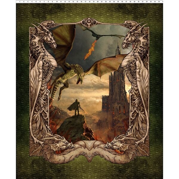 90-cm-Patchworkpanel, Dragons 'The Ancients', Panel Scene - Multi", großer Drache, grün, 20,56 €/m