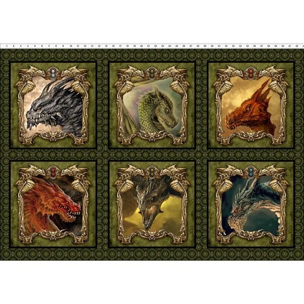 90-cm-Patchworkpanel, Dragons 'The Ancients', Panel Portraits - Multi 90-cm-Patchworkpanel, Dragons 'The Ancients', Panel Portraits - Multi", sechs Drachenbilder, grün, 20,56 €/m*