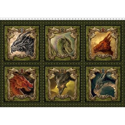 90-cm-Patchworkpanel, Dragons 'The Ancients', Panel Portraits - Multi", sechs Drachenbilder, grün, 20,56 €/m