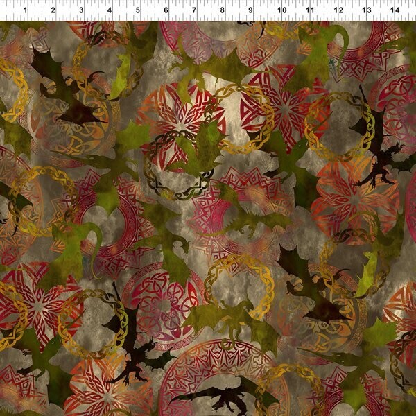 Patchworkstoff "Dragons-The Ancients"  Flying Dragons,  grüne Drachen mit keltischem Muster, rot-grün-beige, 20,90/m