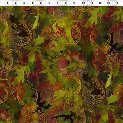 Patchworkstoff "Dragons- The Ancients" Flying Dragons, grüne Drachen mit keltischem Muster, rot-grün-gelb, 20,90/m