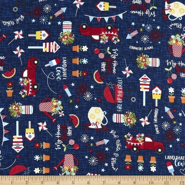 Patchworkstoff mit Autos, Eis, Blumen und Sommermotiven, "Red, White & Bloom", blau, rot, weiß, 19,00 €/m