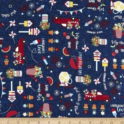 Patchworkstoff mit Autos, Eis, Blumen und Sommermotiven, Patchworkstoff mit Autos, Eis, Blumen und Sommermotiven, "Red, White & Bloom", blau, rot, weiß, 19,00 €/m