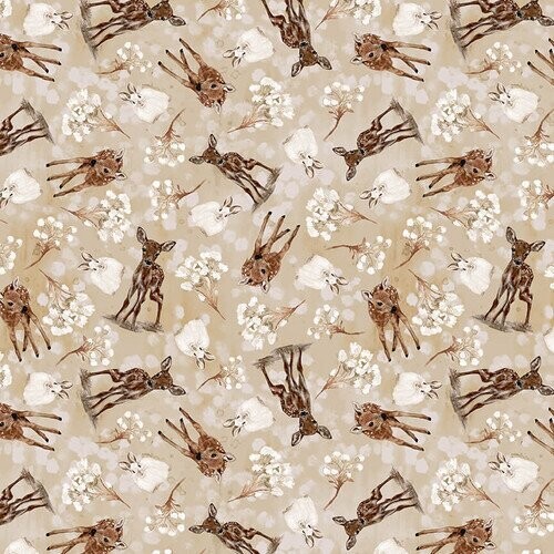 Patchworkstoff Patchworkstoff "Little Ones", Doe and Bunny Toss mit Rehkitz, Kaninchen und Baumwollzweigen, 19,50 €/m