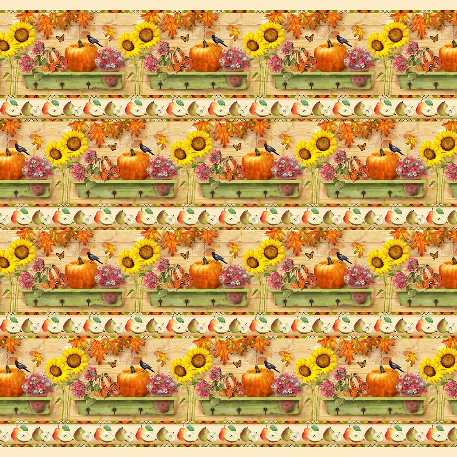 Patchworkstoff Bordürenstoff "Border Stripe", Autumn Splendor, Kürbisse, Sonnenblumen, Blätter, creme-orange, Henry Glass, 19,80 €/m